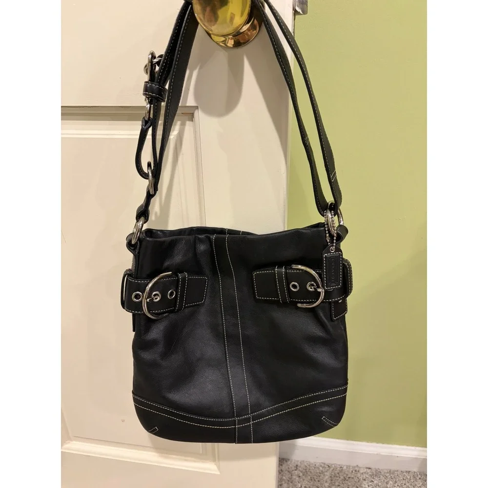 Coach Soho Black Leather Buckle Hobo Shoulder Bag White Stitching EUC
